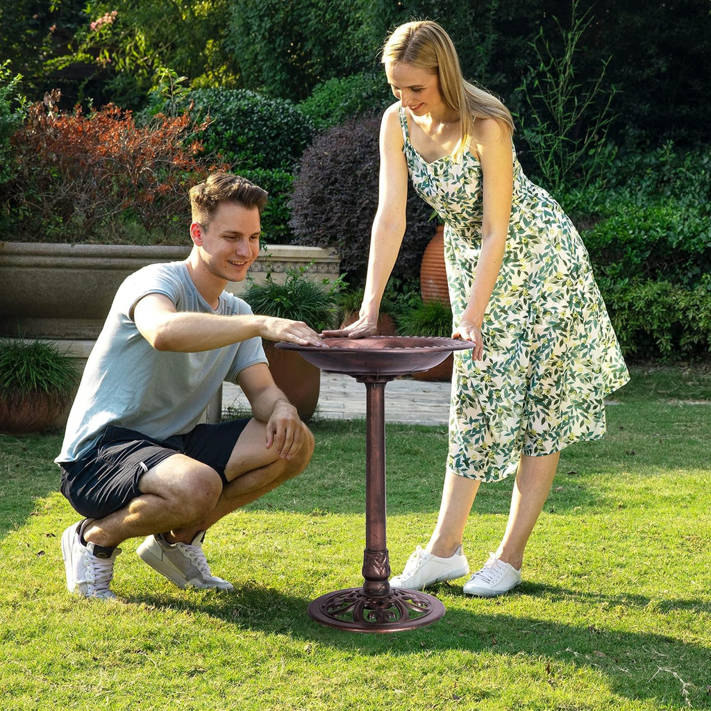 Polyresin Bird Bath with Metal Stake, 29 Inch Outdoor Freestanding Birdfeeder F405