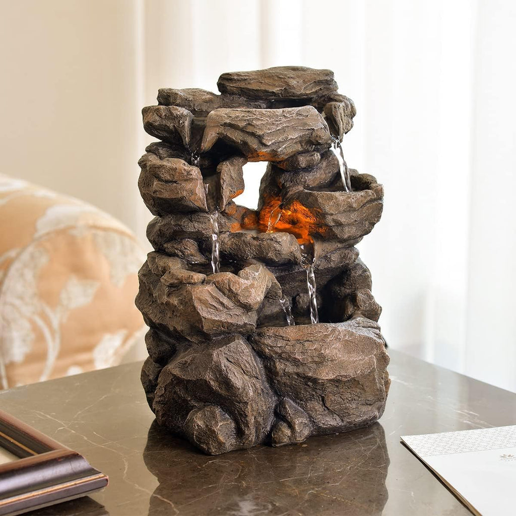 Cascading Indoor Tabletop Water Fountains with LED Light - Rockery Waterfall Fountain - Quiet and Relaxing Water Sound - Small 9.7 Inch Desktop Size - Home/Office Decor