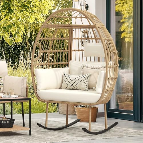 Rattan Egg Chair with Ottoman, Indoor Outdoor Wicker Chair with Footrest, 5 Cushions F541