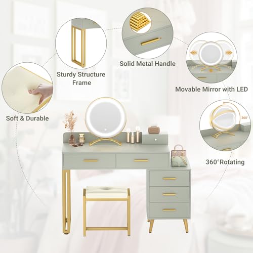 White Vanity Desk with Mirror and Lights, 6 Drawers and Stool Z334