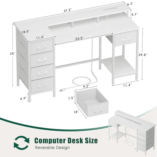 47 Inch Computer Gaming Desk with Power Outlets LED Lights and Storage Drawers I77165