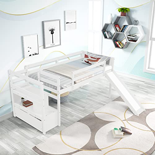 Wood House Loft Bed Frame with Slide and Storage Shelves Z806
