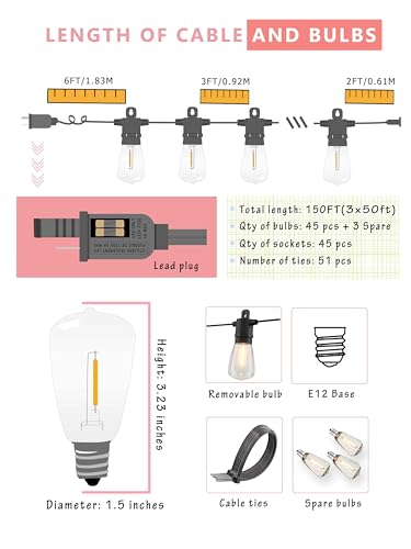 Outdoor String Lights LED 50Ft Waterproof Patio Lights with 27 Vintage Shatterproof Edison Bulbs J49172