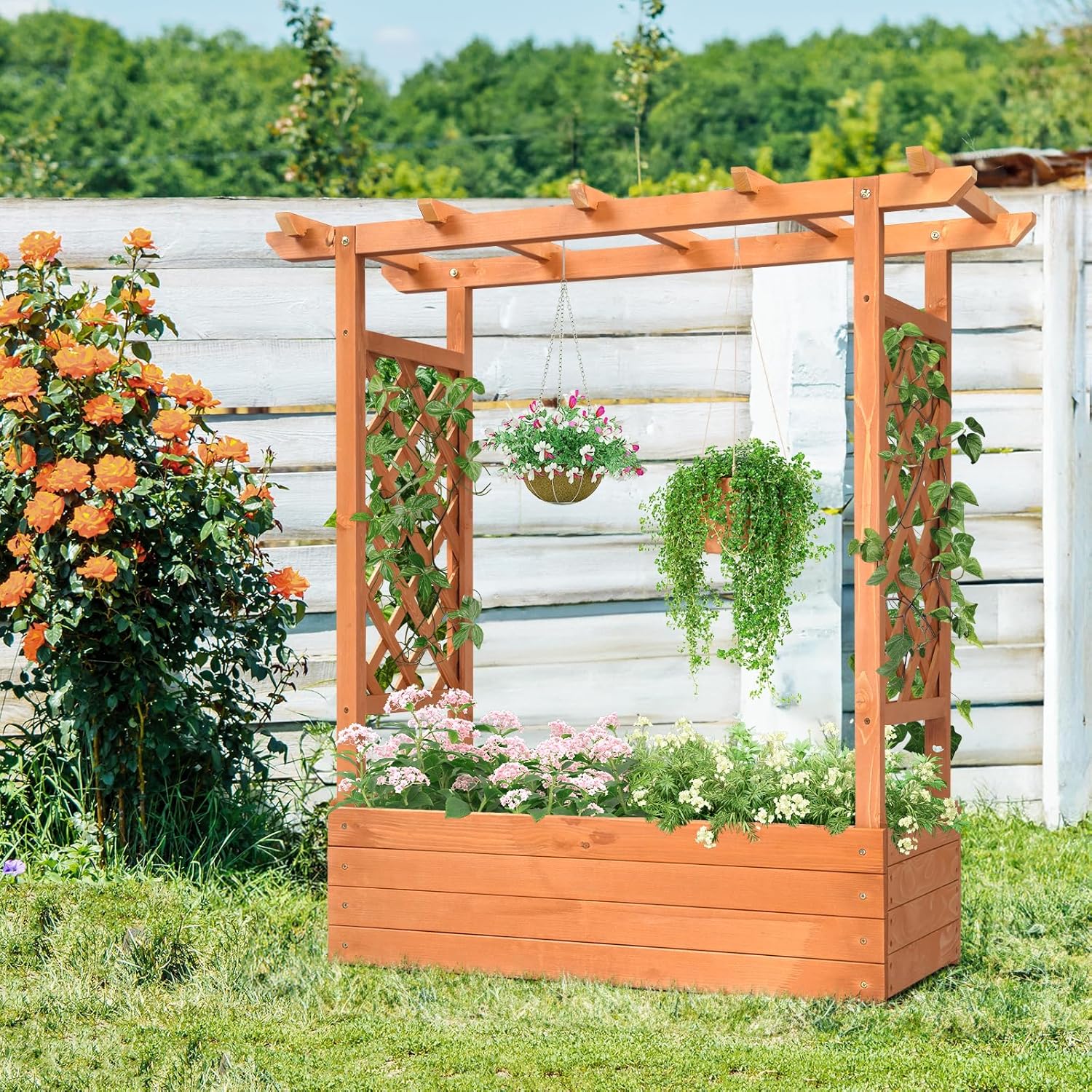 Raised Garden Bed with Trellis, Elevated Wood Planter Box S44330