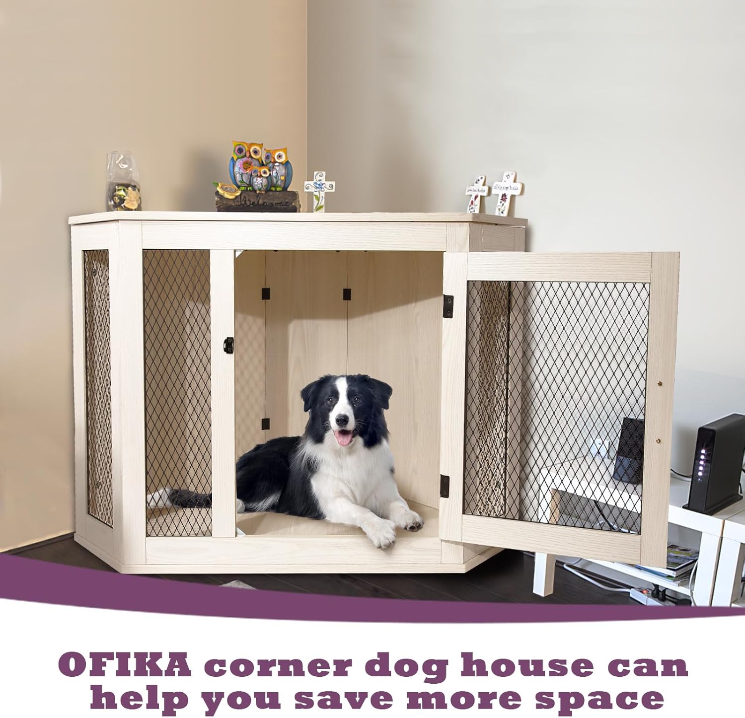 Wooden Corner Dog Crate Furniture with Metal Mesh for Indoor Use F604817