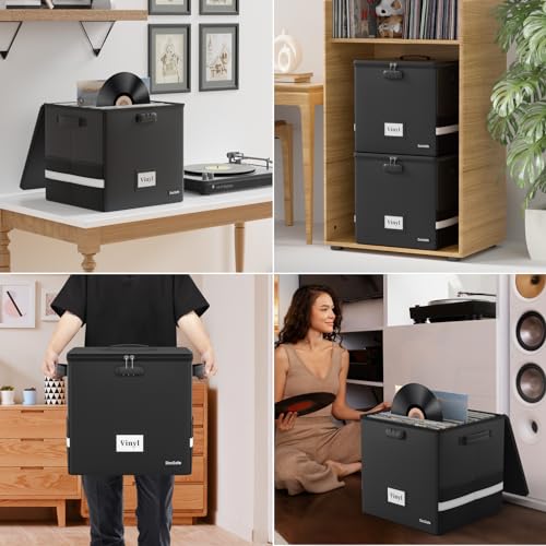 Vinyl Record Storage Box with Lock, Fireproof & Water Resistant, Holds 100+ 12-Inch Records H505