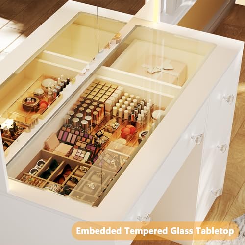 Vanity Desk with Mirror and Lights, 50" Makeup Vanity with Glass Top & Power Outlet F52929