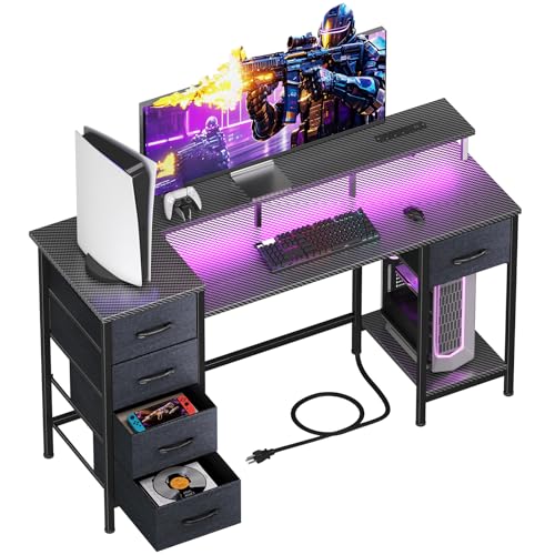 47 Inch Computer Gaming Desk with Power Outlets LED Lights and Storage Drawers I77165