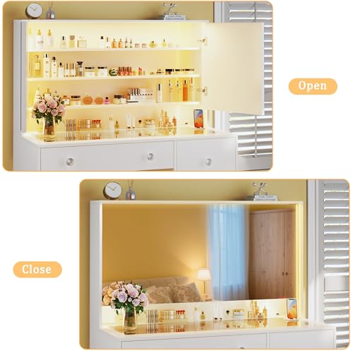 Vanity Desk with Mirror and Lights, 50" Makeup Vanity with Glass Top & Power Outlet F52929