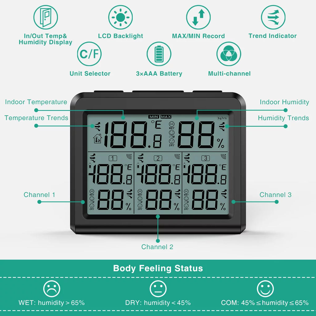 Indoor Outdoor Thermometer with 3 Wireless Sensors, Black F208786