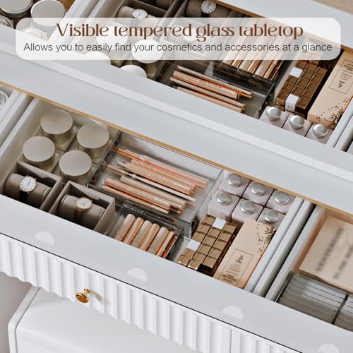Makeup Vanity Desk with Mirror and Lights, Glass Top, 9 Drawers M5813