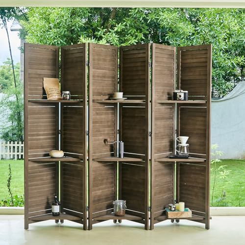 Folding Room Divider with Shelves, 6 Panels, Brown D785582