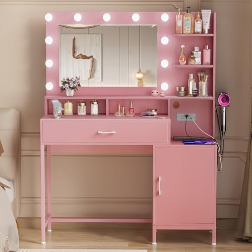 White Vanity Desk with Mirror and Lights and Storage Drawer M5848