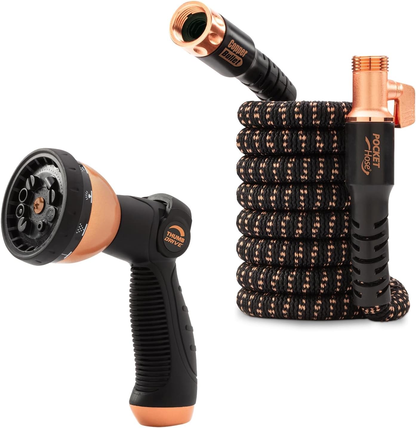Pocket Hose Copper Bullet Expandable Garden Hose w/10 Pattern Thumb Spray Nozzle AS-SEEN-ON-TV 25 FT 650psi 3/4 in Patented Lead-Free Ultra-Lightweight Solid Copper Anodized Aluminum Fittings No-Kink