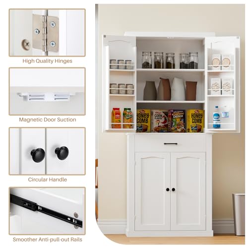 Kitchen Pantry Cabinet with 4 Doors and 1 Drawer, Freestanding Storage Cupboard L190261