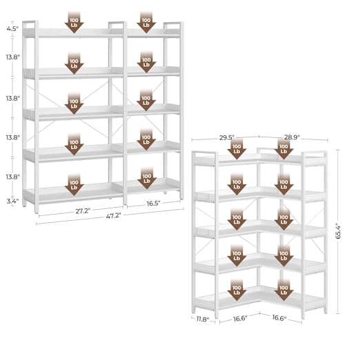Corner Bookshelf 5-Tier with Hooks, Industrial Wooden Bookcase, Rustic Brown A796