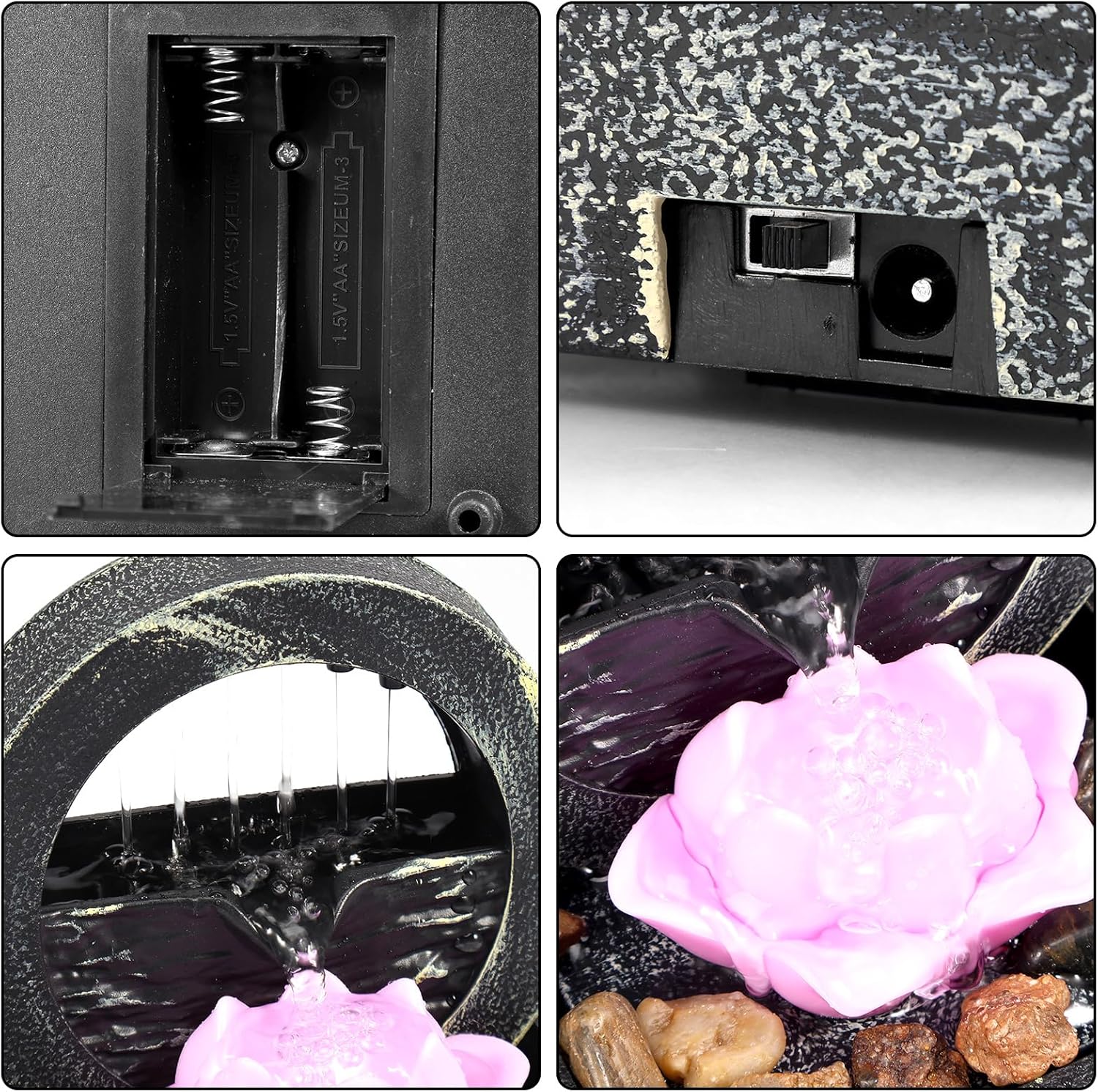 Tabletop Water Fountain with Light, Zen Meditation Waterfall, Battery/USB Operated S270