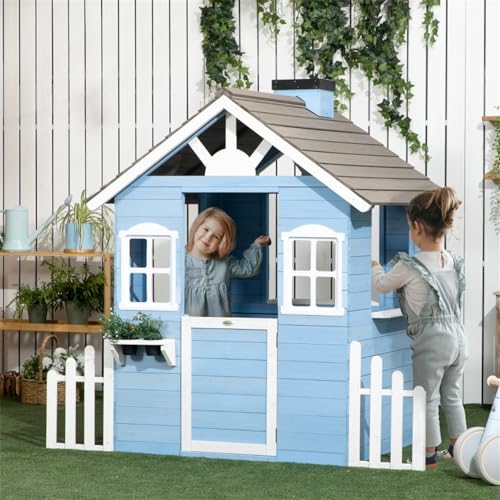 Wooden Playhouse for Kids with Bench, Door, Windows and Shelf F422