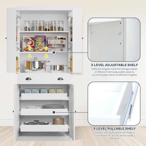 Kitchen Pantry Cabinet with 4 Doors and 1 Drawer, Freestanding Storage Cupboard L190261