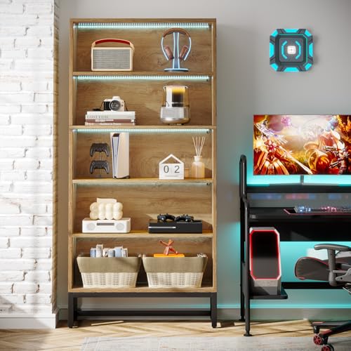 Tall Bookcase with LED Lights, 5-Tier Storage Shelves T8450