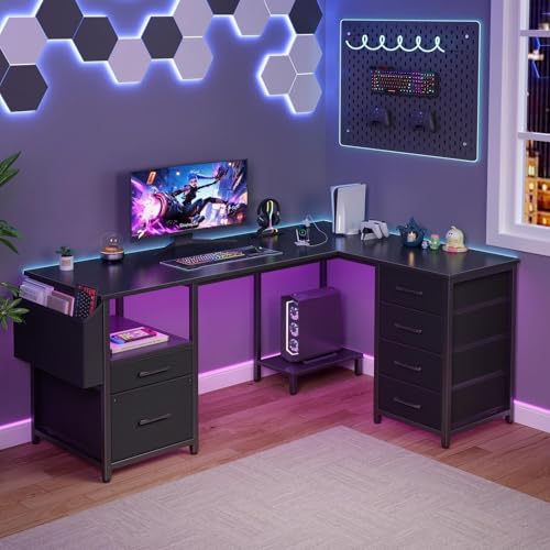 L Shaped Gaming Desk with Storage Drawers and Power Outlets I94529