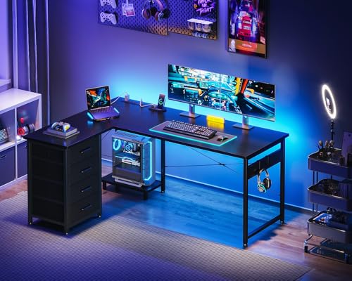L Shaped Desk with 4 Tier Drawers, Power Outlets & USB, Corner Computer Desk with CPU Stand U4256