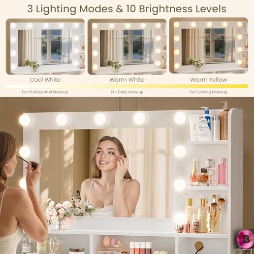 White Vanity Desk with Mirror and Lights and Storage Drawer M5848