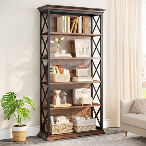 6-Tier Industrial Bookcase, 71 Inches Tall, Floor Standing Storage Shelves for Home Office, Brown and Black V7912