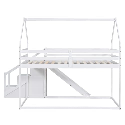 Wood House Loft Bed Frame with Slide and Storage Shelves Z806