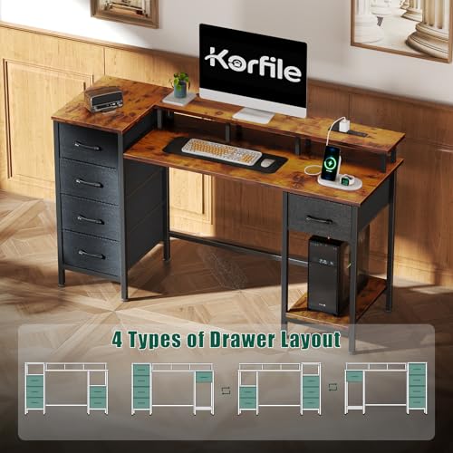 47 Inch Computer Gaming Desk with Power Outlets LED Lights and Storage Drawers I77165