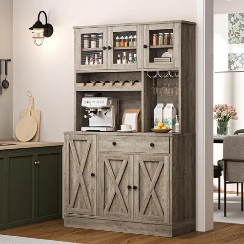 Kitchen Pantry Cabinet with Wine Rack & Power Outlet, 71" H Tall Storage Cabinet with Doors and Shelves W56221