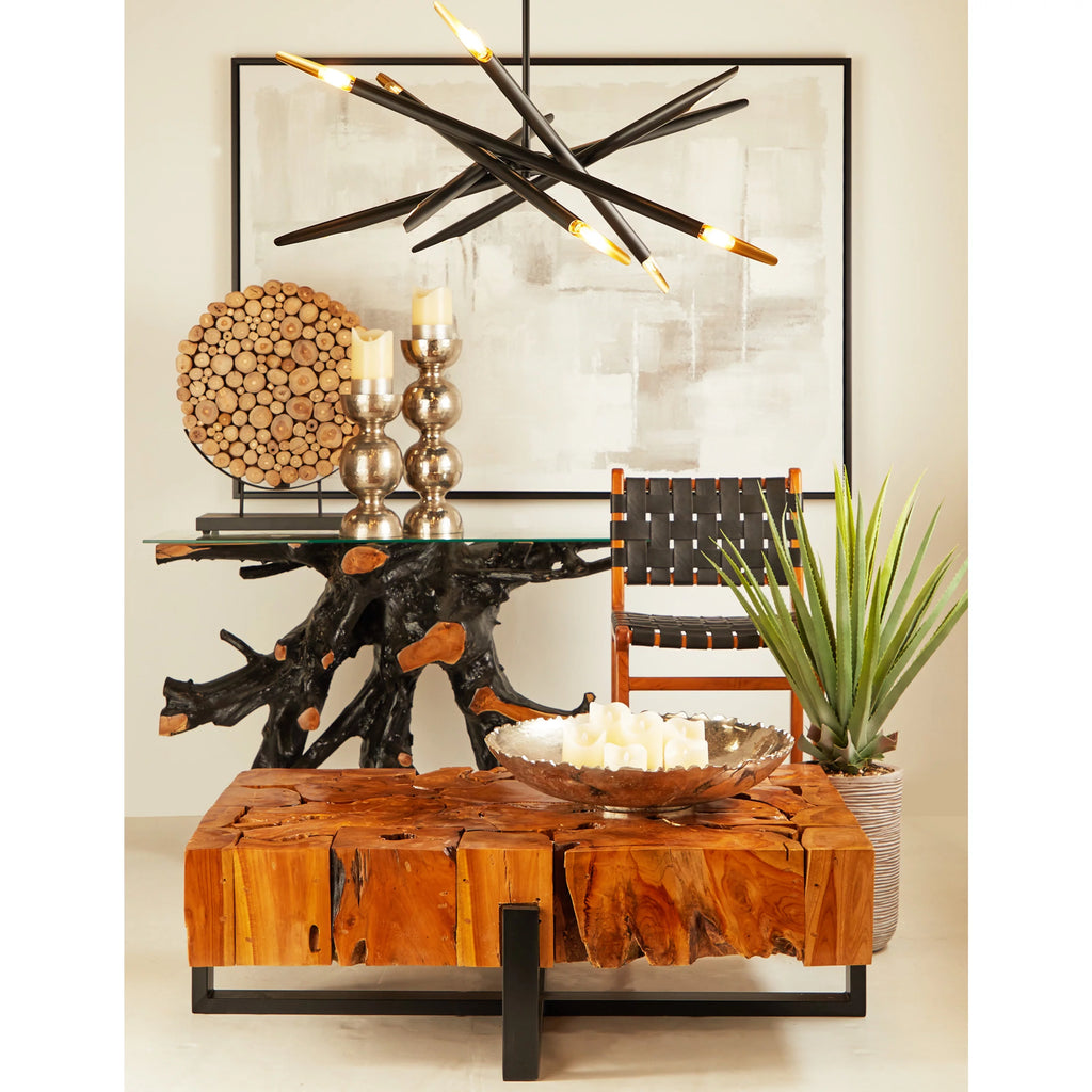 Black Teak Wood Live Edge Console Table with Clear Glass Top X4060