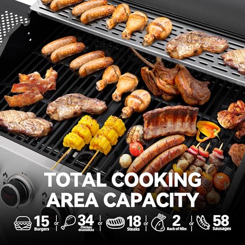 5 Burner Propane Gas Grill with Side Burner & Sear Burner, Stainless Steel, 61,000 BTUs for Outdoor Cooking J44613