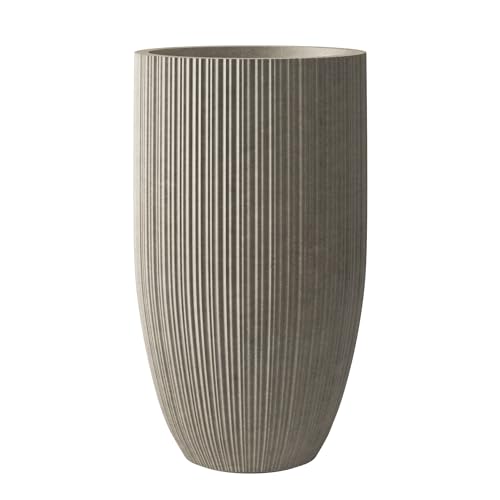 24 Inch Tall Concrete Planter, Large Garden Pot with Drainage Hole for Outdoor and Indoor Use on Patio or Porch, Sculpted Pure White