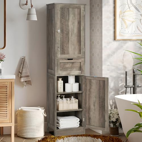 67" Tall Bathroom Cabinet with 2 Doors and 1 Drawer, Adjustable Shelves T930834