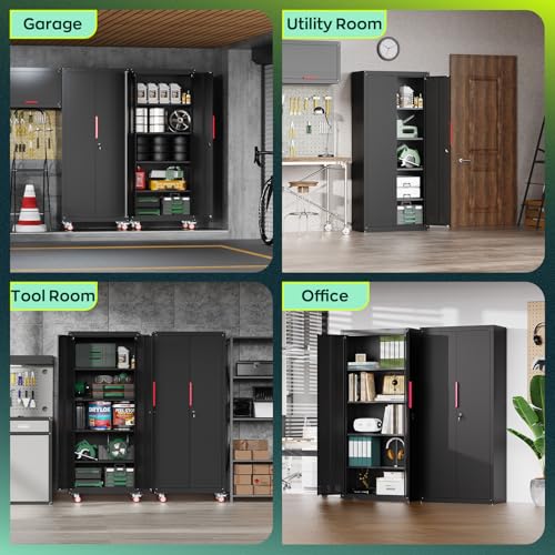 Metal Garage Storage Cabinet with 5 Adjustable Shelves and Wheels T460