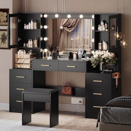 White Vanity Table with Drawer Dresser, Farmhouse Vanity Makeup Desk with Charging Station, Vanity Desk with Lights Mirror & Drawers for Makeup, Vanity Desk with Storage Shelf & 5 Drawers