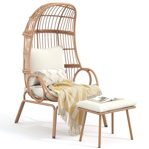 Outdoor Egg Chair with Stand and Cushion, Patio Rattan Basket Chair, Beige F352720