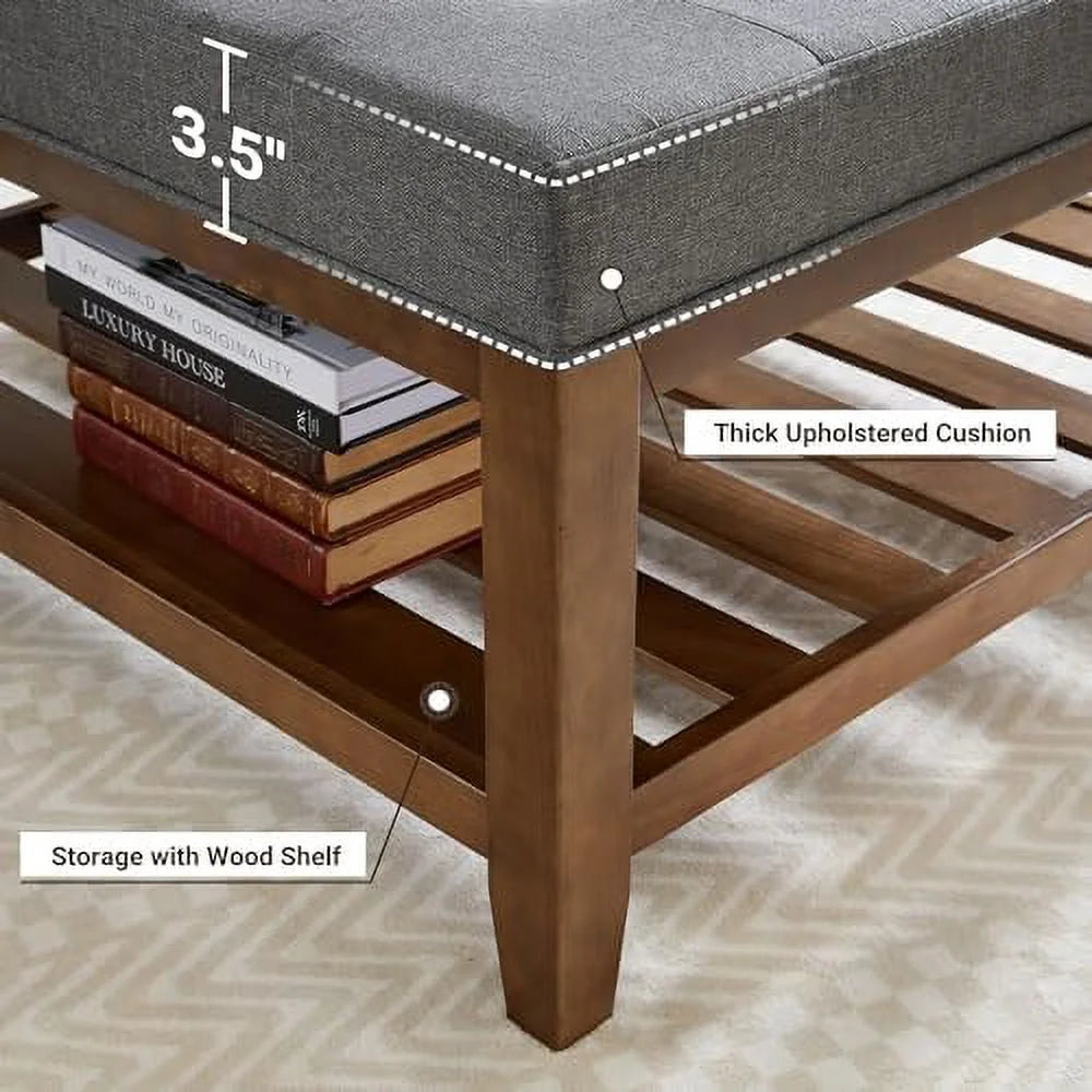 Square Ottoman Coffee Table with Button Tufted Upholstered Linen for Living Room N173