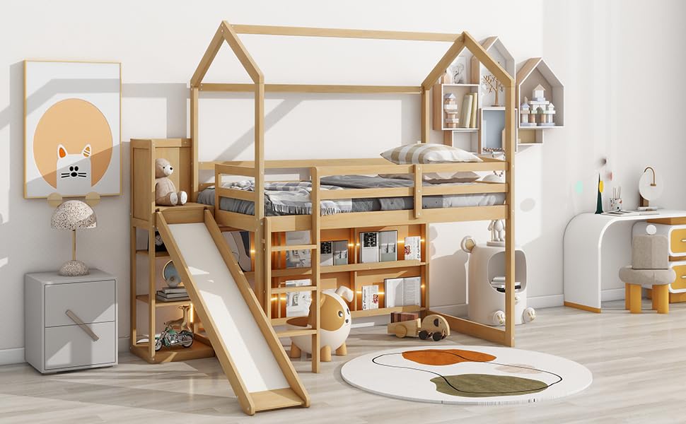 Wood House Loft Bed Frame with Slide and Storage Shelves Z806