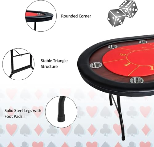 84" Foldable Poker Table with Chips Tray, 10 Player Oval, Green Felt U489
