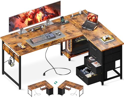 L Shaped Desk with 4 Tier Drawers, Power Outlets & USB, Corner Computer Desk with CPU Stand U4256