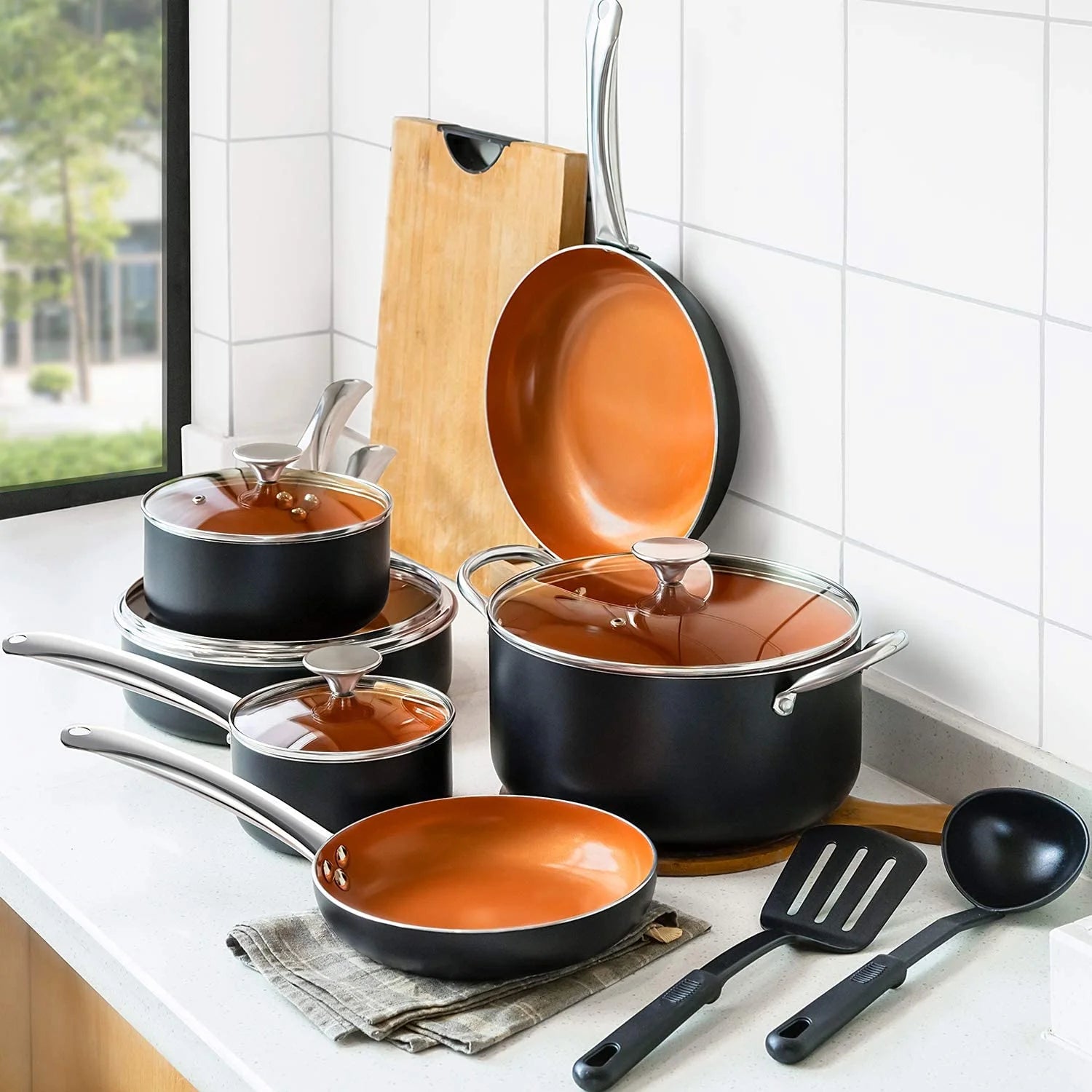 Nonstick Copper Cookware Set 12 Piece with Spatula & Spoon T743