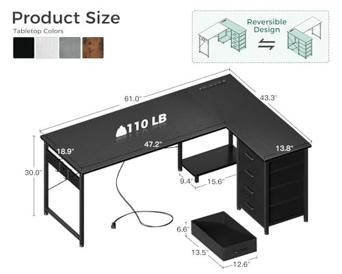 L Shaped Desk with 4 Tier Drawers, Power Outlets & USB, Corner Computer Desk with CPU Stand U4256
