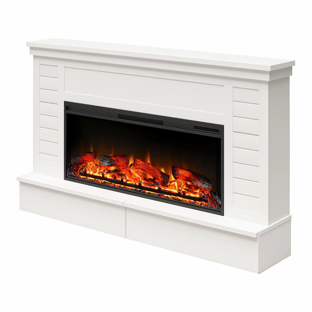 White Shiplap Mantel with Electric Fireplace and Storage Drawers J37651