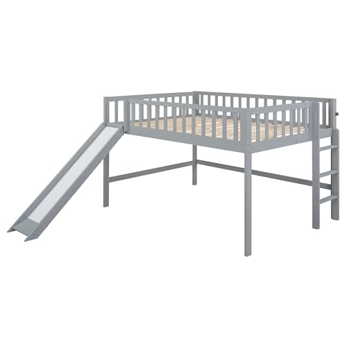 Wood House Loft Bed Frame with Slide and Storage Shelves Z806