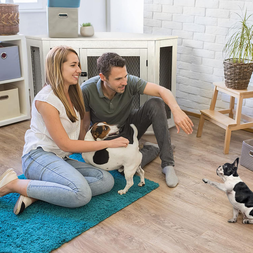 Wooden Corner Dog Crate Furniture with Metal Mesh for Indoor Use F604817