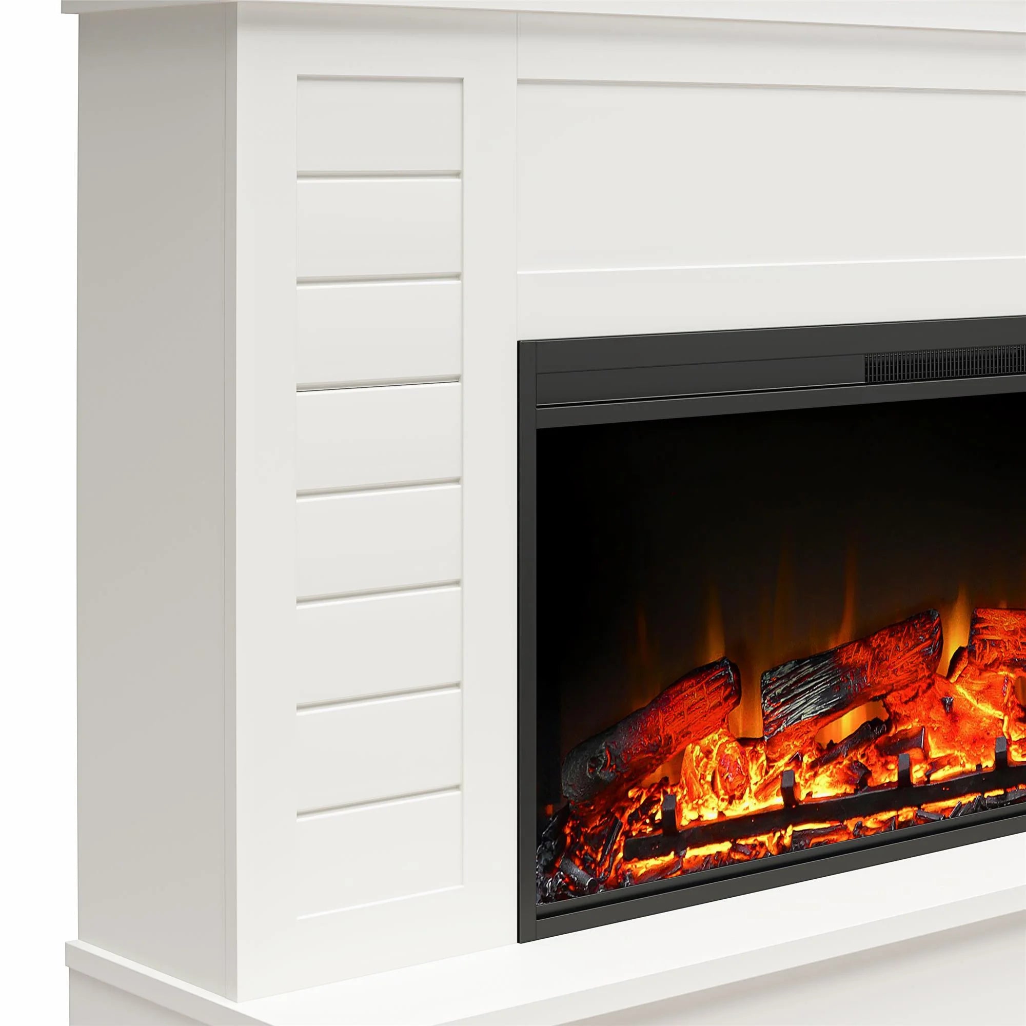 White Shiplap Mantel with Electric Fireplace and Storage Drawers J37651
