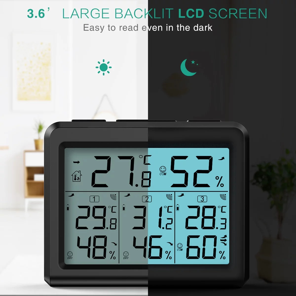 Indoor Outdoor Thermometer with 3 Wireless Sensors, Black F208786