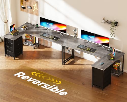 L Shaped Desk with 4 Tier Drawers, Power Outlets & USB, Corner Computer Desk with CPU Stand U4256